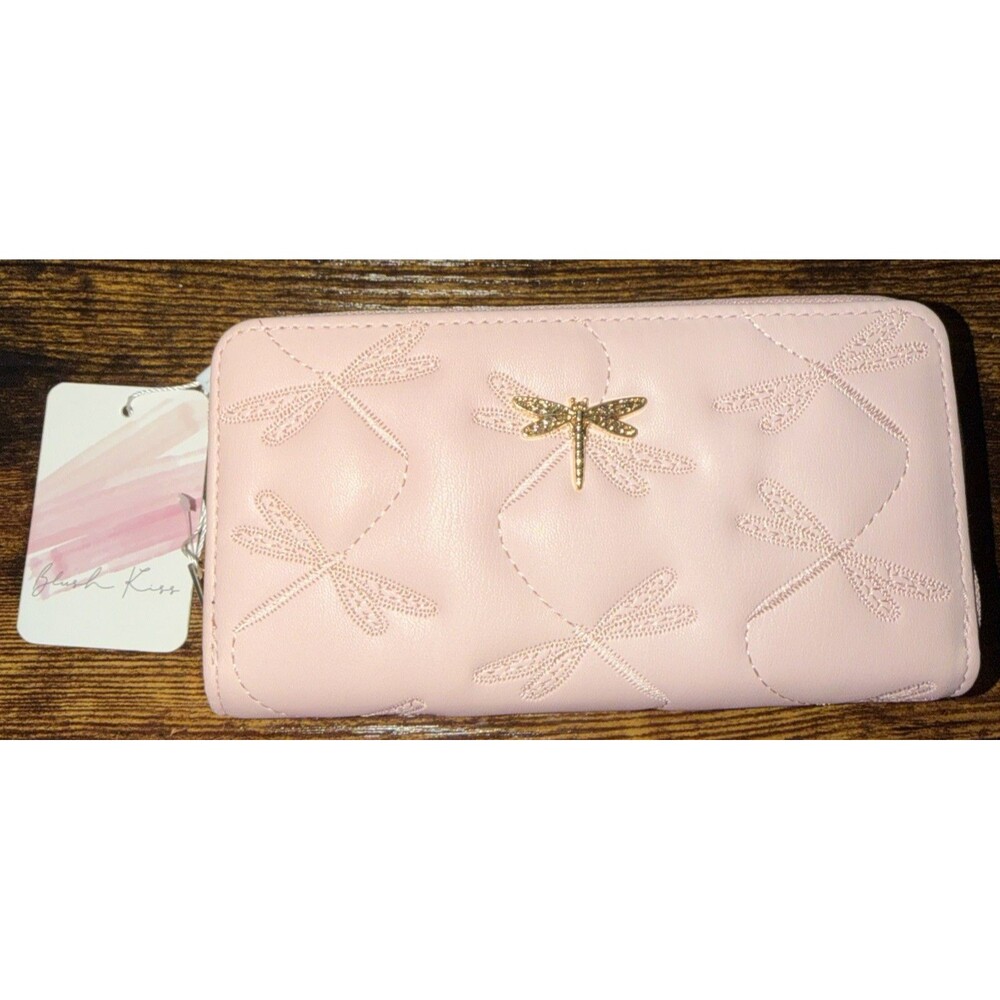 BLUSH KISS Pink Dragonfly Double Zip-Around Wallet NWT
